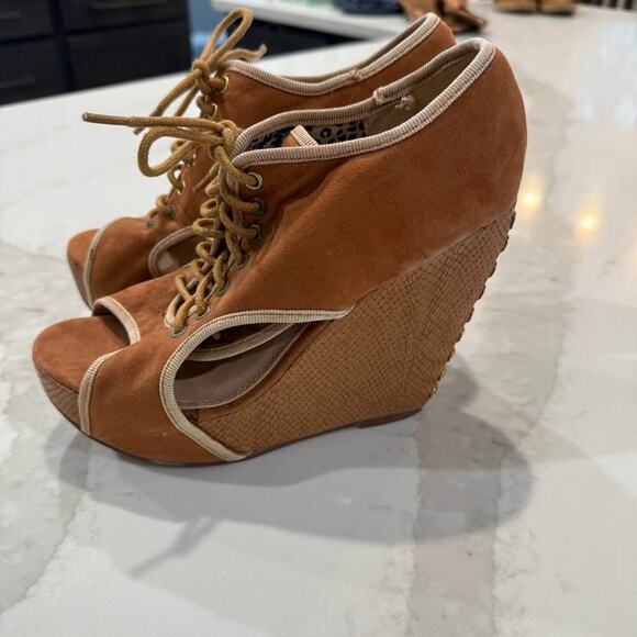 Modern Rush Senja Faux Suede Platform Laceup Wedge Heel Womens7.5 Tan Sandal y2k - Picture 4 of 9